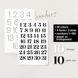 BOLD Date Number 1-31: Calendario adhesivo / 4 tipos de letra / 28 colores / 2 tamaños / con borde / sin borde / transparente – bullet journal, agenda filofax