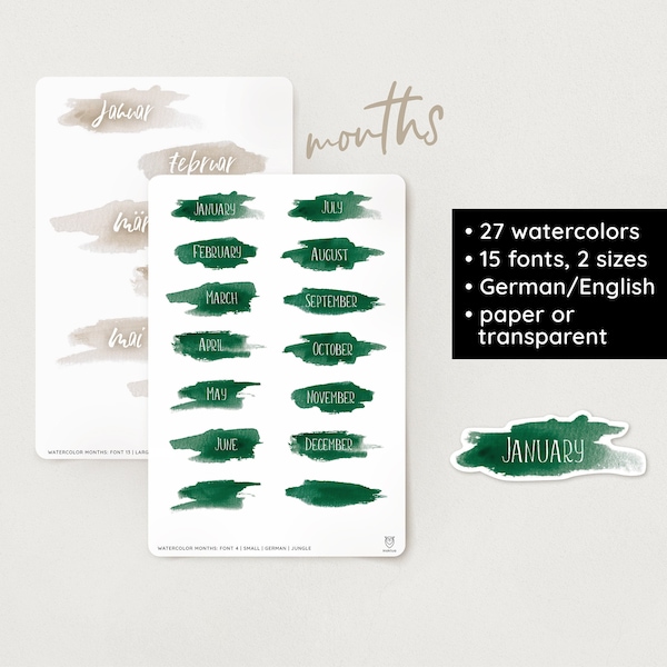 aquarel maanden stickers | 15 lettertypen | 27 kleuren | 2 maten | Engels & Duits | transparant – Bullet Journal, Filofax, Scrapbook, Planner