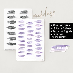adesivi acquerello per i giorni della settimana / 15 caratteri / 27 colori / 2 dimensioni / inglese e tedesco / trasparenti – Bullet Journal, Filofax, Scrapbook, Planner
