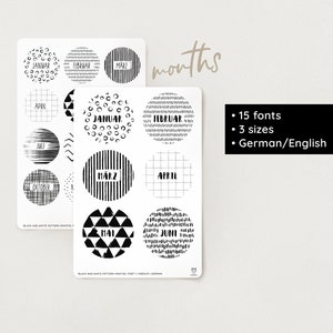 Adesivi mensili con motivo a cerchi in bianco e nero / 3 dimensioni / 15 caratteri / 2 lingue – Bullet Journal, Filofax, Planner, Scuola, Uni – deco