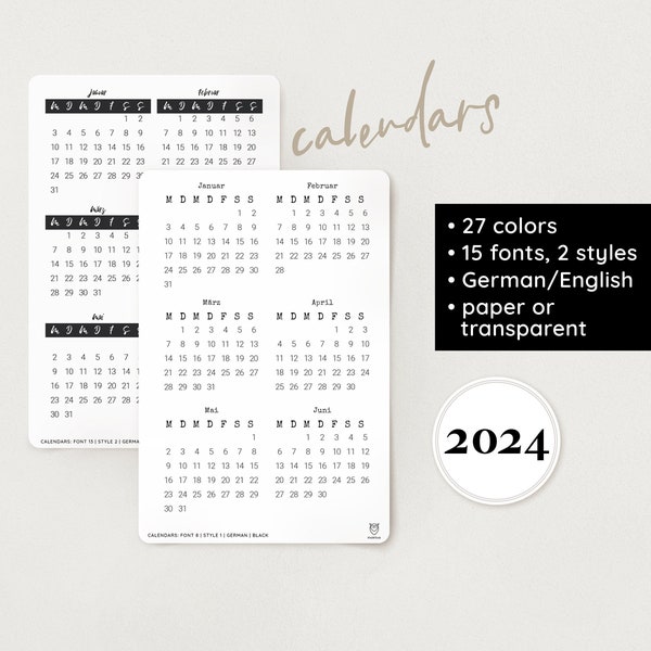 kalendersticker 2024 | 15 lettertypen | 27 kleuren | 2 stijlen | papier & transparant – bullet journal, filofax, planner, school, decoratie