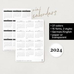 mini calendar sticker 2024 | 15 fonts | 27 colors | 2 styles | paper & transparent – bullet journal, filofax, planner, School, decoration