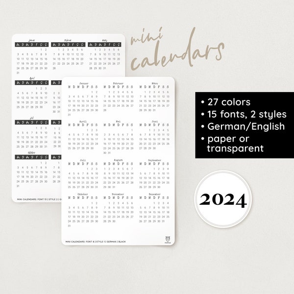 minikalendersticker 2024 | 15 lettertypen | 27 kleuren | 2 stijlen | papier & transparant - bullet journal, filofax, planner, school, decoratie
