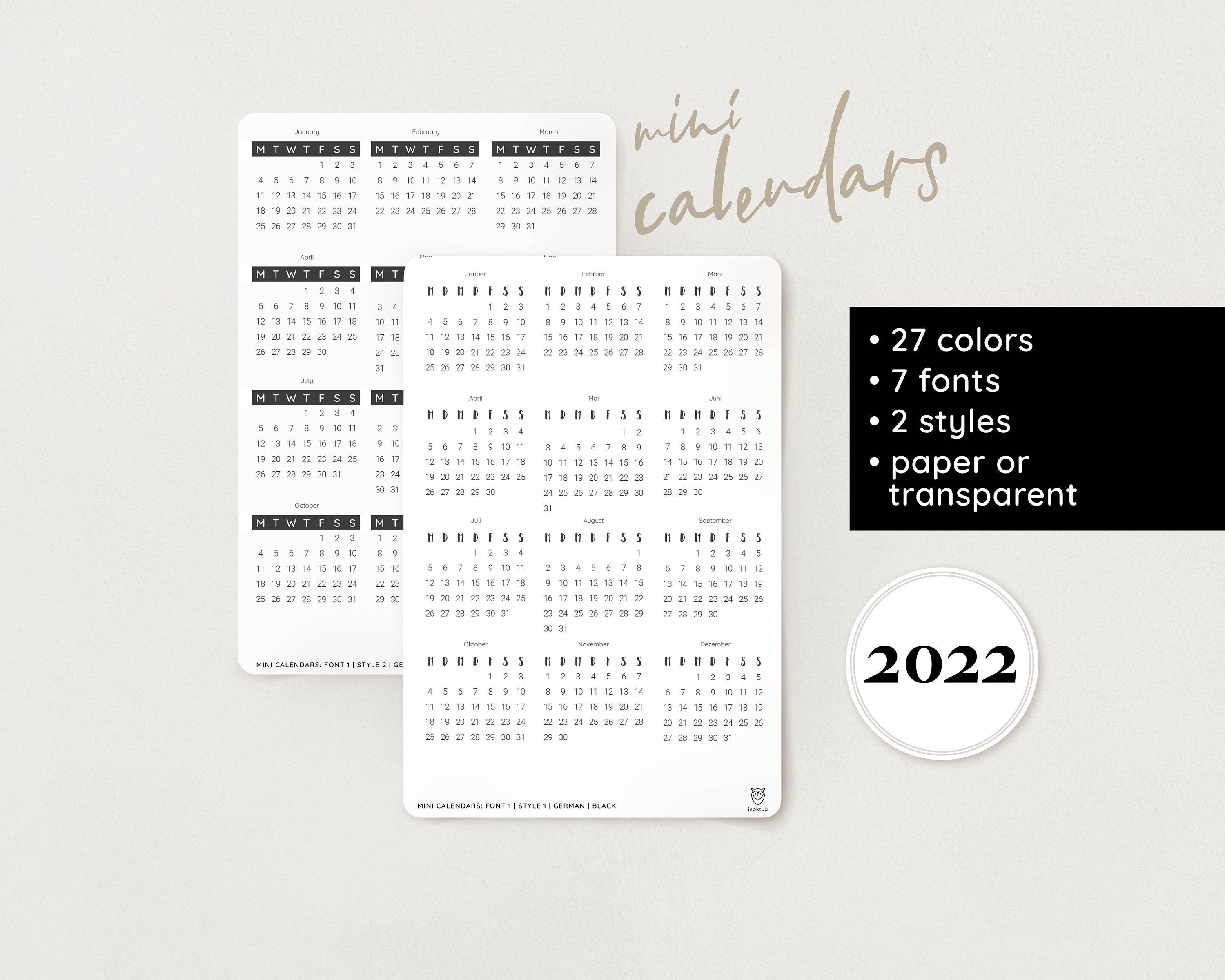 Very Utile Calendrier 2023 Mini Calendar 2022 7 Fonts 27 Colors 2 Styles All | Etsy Uk