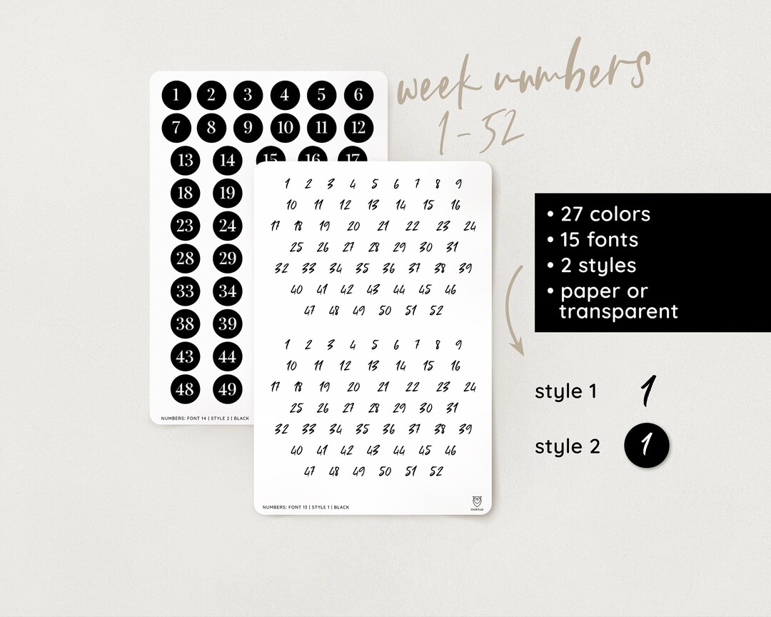 Week Numbers Stickers Week Numbers Stickers 1–52 | 15 Fonts | 27 Colors | 2 Sizes | 2 Styles ...