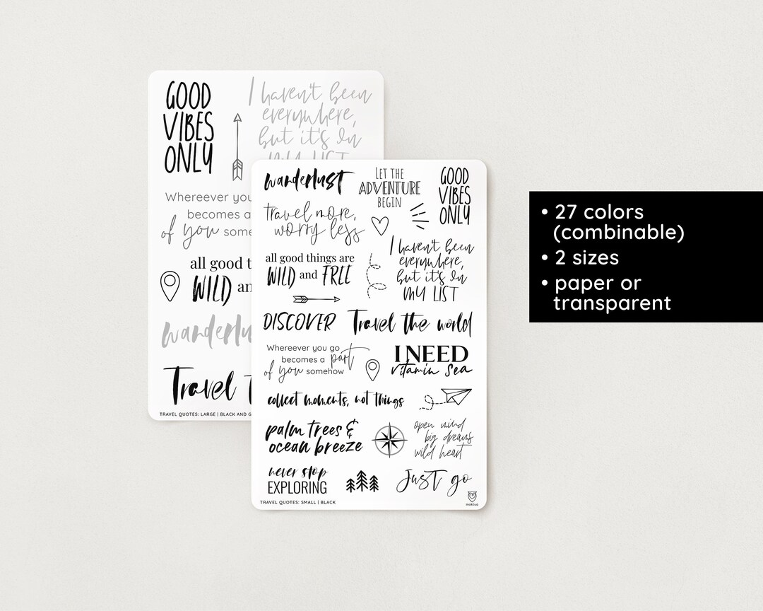 Travel Quotes Stickers 2 Sizes 27 Colors Paper and Transparent Bullet Journal, Filofax, Planner