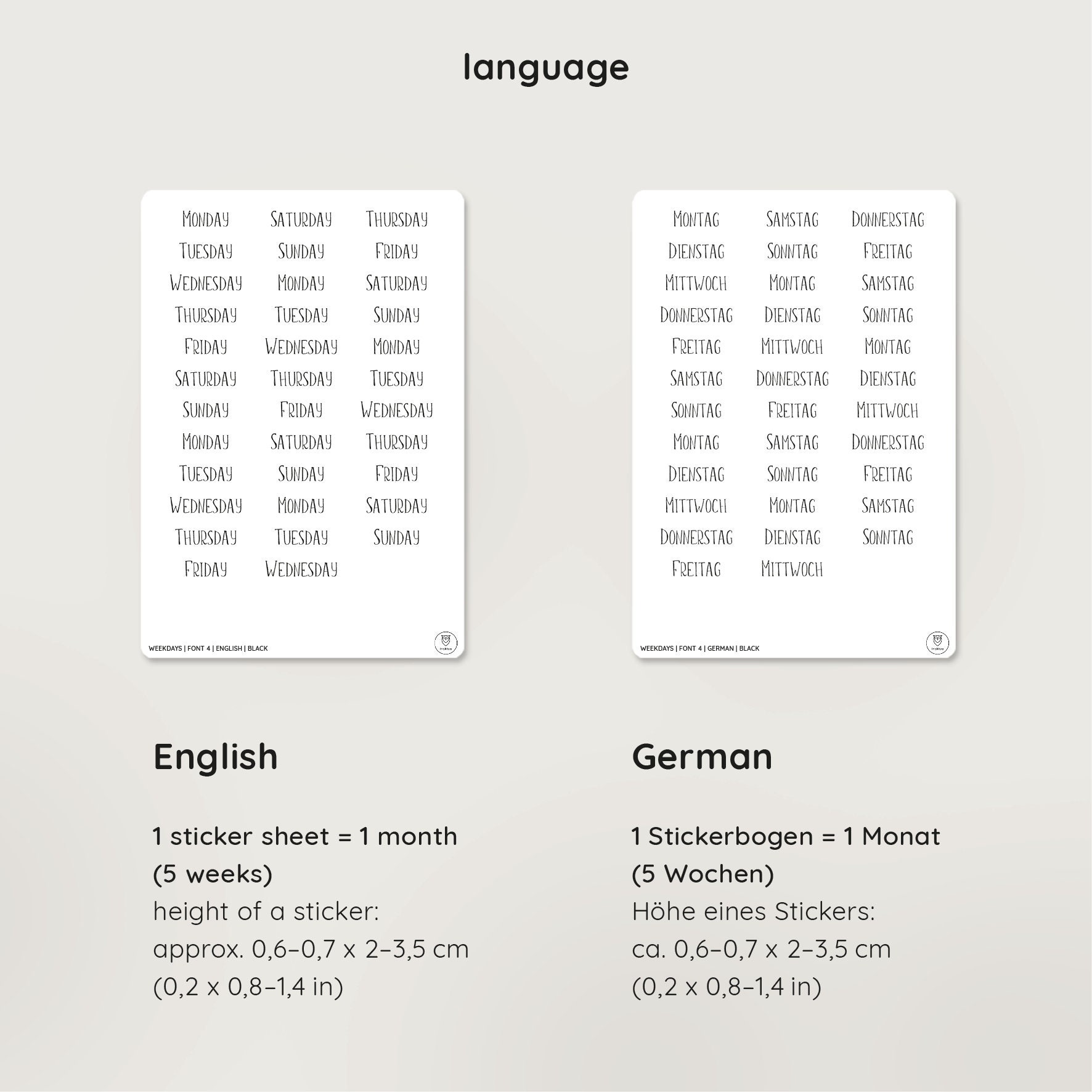 Wochentage Schrift 4: Datum/Kalender Sticker Englisch und | Etsy