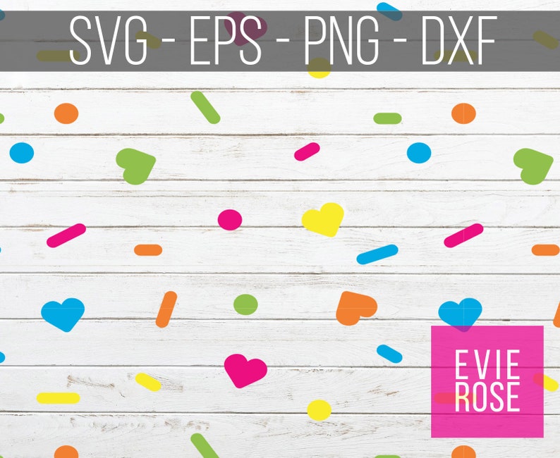 May include: A digital design featuring a white background with colorful confetti shapes, including hearts, circles, and lines. The text "EVIE ROSE" is in a pink box.