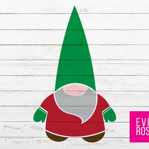 May include: A red and green gnome with a white beard and a pink nose. The gnome is wearing a red hat with a green pointed top.