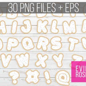 May include: A set of 30 alphabet cookie cutter designs, featuring letters A through Z, numbers, punctuation marks, and a donut. The cookie cutters are white with pink, blue, and white sprinkles. The cookie cutters are displayed on a white wood background. 30 PNG FILES + EPS