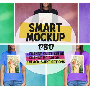 May include: A mockup of a t-shirt with a vintage poster design featuring a woman holding a bottle. The mockup shows the t-shirt in five different colors: white, black, blue, purple, and yellow. The text "SMART MOCKUP PSD" is displayed above the t-shirts. Below the text, there are three bullet points: "CHANGE SHIRT COLOR", "CHANGE BG COLOR", and "BLACK SHIRT OPTIONS".