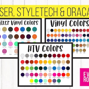 Op de afbeelding: Een grafiek met de kleur opties voor Siser, StyleTech en Oracal glitter vinyl, vinyl en hittetransfer vinyl. De grafiek bevat een verscheidenheid aan kleuren, waaronder zilver, goud, rood, blauw, groen en oranje.