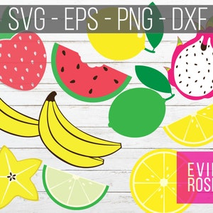 Fruit Cut File Bundle - Banana, Strawberry, Watermelon, Starfruit, Dragon Fruit, Lemon, and Lime SVG PNG EPS and dxf Clipart and Cutting