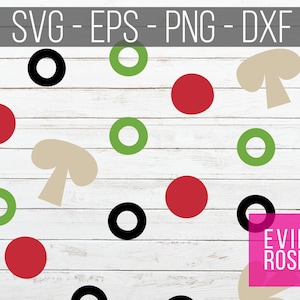 Op de afbeelding: Een digitaal ontwerp met een patroon van rode, groene en bruine cirkels en paddenstoelvormen op een witte houten achtergrond. De tekst "EVIE ROSE" staat in de rechterbenedenhoek van het ontwerp.