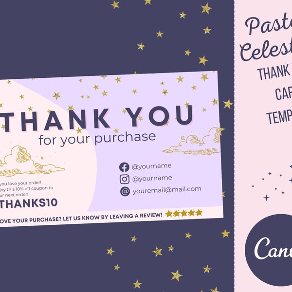 Thank You Card Template, 3x5 Inch, Canva, Pastel Celestial, Stars, Pink, Blue, Tan, Purple by Evie Rose Digital