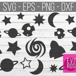 L’espace extra-atmosphérique confettis SVG, EPS, PNG et dxf - soleil, lune, étoiles, planètes et fusées formes - Cricut artisanat CutFiles - thème de la galaxie espace fête