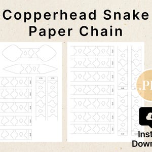 Puede incluir: Una plantilla PDF digital para una cadena de papel de serpiente cabeza de cobre, con contornos negros de segmentos en forma de serpiente en dos páginas blancas. El diseño incluye pestañas de pegamento etiquetadas y el texto Copperhead Snake Paper Chain.