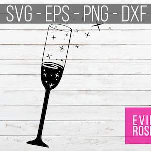 May include: Black and white illustration of a champagne flute with sparkling bubbles. The glass is filled with a dark liquid and has a long stem. The background is a white woodgrain surface.