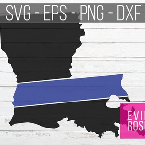 Peut inclure: Une silhouette noire de l'état de la Louisiane avec une fine ligne bleue au milieu. La ligne bleue est un symbole de soutien aux forces de l'ordre. L'image est sur un fond de bois blanc. Le texte "EVIE ROSE" est en rose dans le coin inférieur droit.