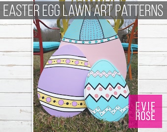 May include: Three large wooden Easter eggs painted in different patterns. The largest egg is pink with a blue and white geometric design. The middle egg is purple with a yellow and black stripe design. The smallest egg is blue with a white and pink zigzag pattern. The eggs are sitting on green grass.