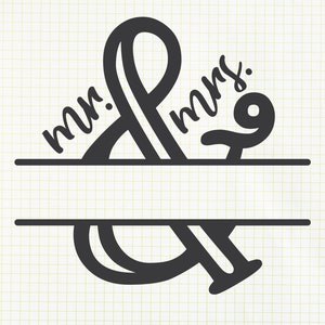 May include: A black and white graphic design of the ampersand symbol with the words "mr." and "mrs." written on either side of the symbol. The ampersand is split in half with a blank space in the middle.