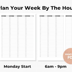 May include: Printable weekly planner in a grey and white colour scheme. The planner is divided into seven days of the week, with hourly time slots from 6 am to 9 pm. The planner also includes a to-do list section.