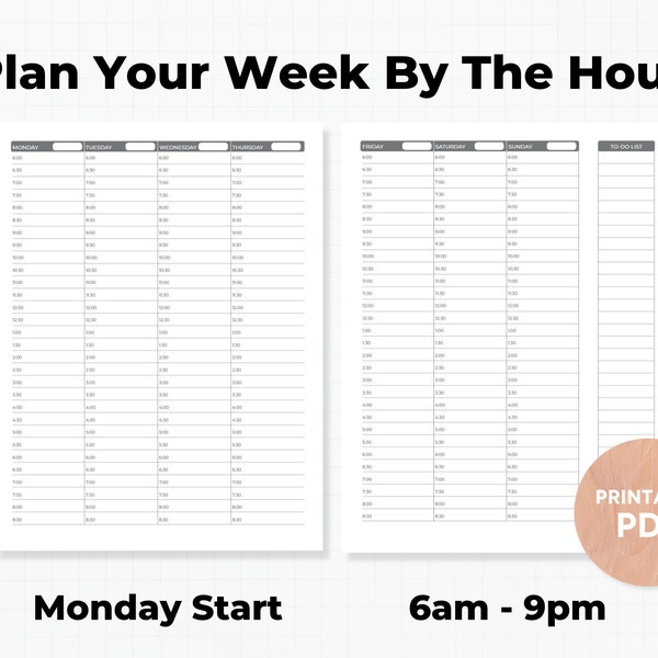 Weekly Time Blocking Printable Planner PDF, Daily Schedule, Monday Start, Minimal Half Hourly Journal