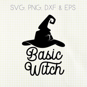 May include: Black and white silhouette of a witch's hat with the text "Basic Witch" underneath.