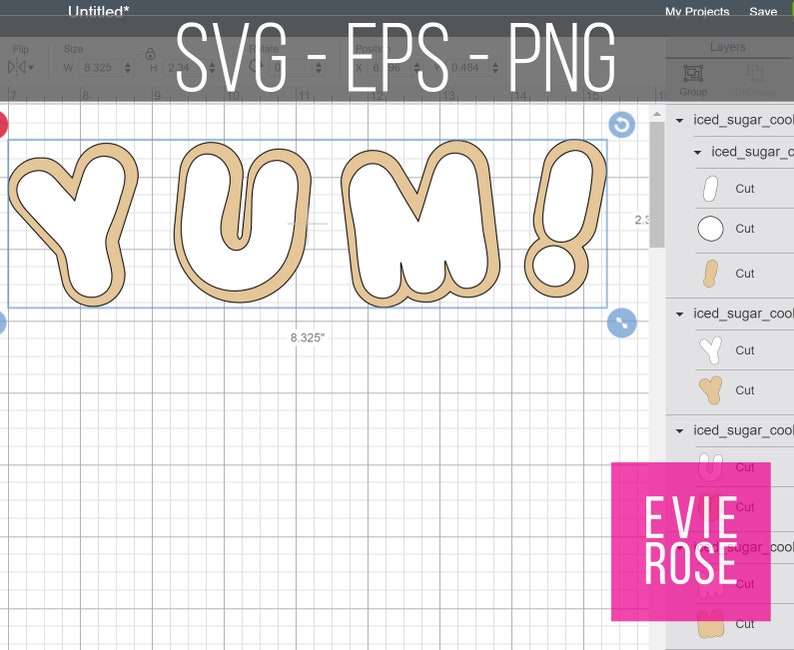 May include: A digital design for a cookie cutter in the shape of the word "YUM!" The design is in a light brown color with a white interior. The design is shown on a computer screen with a grid background.