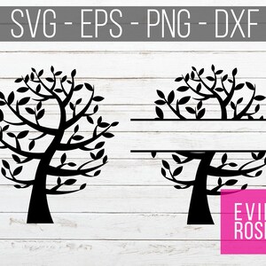 Könnte beinhalten: Schwarze Silhouette eines Baumes mit Ästen und Blättern, aufgeteilt in zwei Abschnitte mit einem leeren Raum in der Mitte. Der Text "EVIE ROSE" befindet sich in einem rosa Kasten unten rechts im Bild.