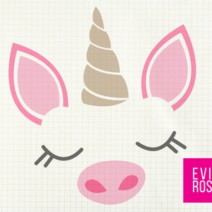 Unicorn Face SVG Cut File - Cute Girly Unicorn Horn, Oren, Ogen en Neus - Unicorn Party, Girly Pumpkin Decor, Verjaardag uitnodigingen, enz.