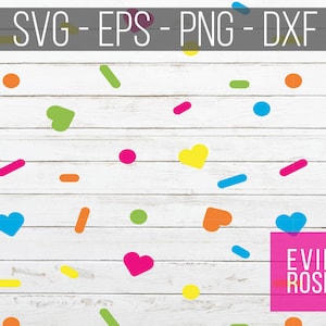 Könnte beinhalten: Ein digitales Design mit weißem Hintergrund und bunten Konfettiformen, darunter Herzen, Kreise und Linien. Der Text "EVIE ROSE" befindet sich in einem rosa Kasten.
