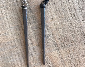 Square Antique Coffin Nail Amulet Necklace: Rustic Iron Protection Ward Pendant Silver or Black Wire Wrapped