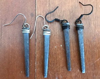 Square 1 1/2" Coffin Nail Fishhook Wire Wrapped Earrings in Silver Tone & Black Protection Witchcraft Hoodoo Tool Banish Cleanse Amulet