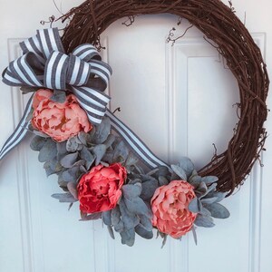 Spring wreath, spring lambs ear wreath, lambs ear wreath, summer wreath, lambs ear and peony wreath, Easter wreath, Mother&#39;s Day wreath