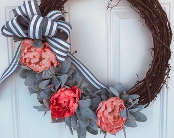 Spring wreath, spring lambs ear wreath, lambs ear wreath, summer wreath, lambs ear and peony wreath, Easter wreath, Mother's Day wreath