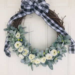 Lambs ear wreath, spring wreath, spring lambs ear wreath, wreath, lambs ear and ranunculus wreath, farmhouse wreath, Mother&#39;s Day wreath