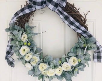 Lambs ear wreath, spring wreath, spring lambs ear wreath, wreath, lambs ear and ranunculus wreath, farmhouse wreath, Mother's Day wreath