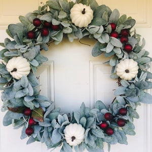 Fall lambs ear wreath, lambs ear wreath, lambs ear and white pumpkins and maroon berry wreath, fall wreath