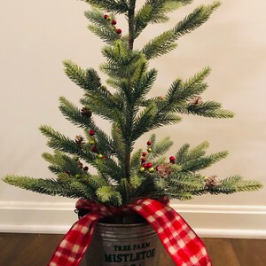 Puede incluir: Un pequeño árbol de Navidad artificial con bayas rojas y una cinta a cuadros rojos y blancos atada alrededor de la base. El árbol está en una maceta de metal con el texto "Tree Farm Mistletoe 25c Each".