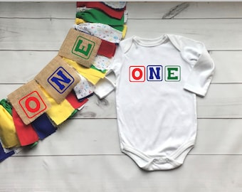 ABC 123 Block Primary Color Birthday Shirt w Highchair banner Baby Outfit Outfit for first Building Blocks Birthday ONE or TWO