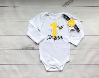 1st Birthday- Bee Day with matching Headband baby T-shirt/ Bodysuit  Birthday Party Shirt toddler Baby Bee Day Bee Birthday-Any age up to 5