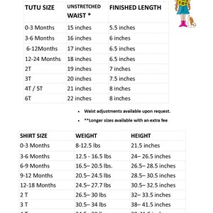 May include: A size chart for tutus and shirts for babies and toddlers. The chart lists sizes in months and years, along with corresponding waist measurements in inches, finished length in inches, weight in pounds, and height in inches.
