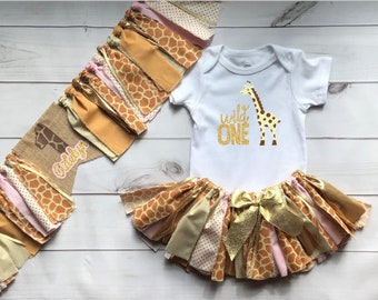 3 piece set:  Pink Wild One Giraffe Fabric Tutu Skirt Outfit Baby Halloween 1st birthday Tutu Skirt  for 1st birthday Costume Banners