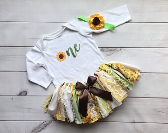 Birthday Sunflower Skirt shirt and Fabric banner Baby toddler Outfit Tutu Skirt  Fabric tutu birthday 1st, 2nd birthday 5 PIECE SET