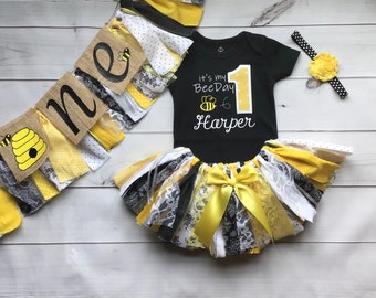 Bee Day Fabric Tutu 5 piece set: It’s My Bee-Day Girl Cake Smash Fabric Tutu Skirt Outfit  Baby toddler first birthday Outfit Tutu Skirt