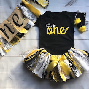 Bee Day Happy Bee Day 1st Cake Smash Fabric Tutu Skirt Outfit  Baby toddler first birthday Outfit Tutu Skirt 5 piece set