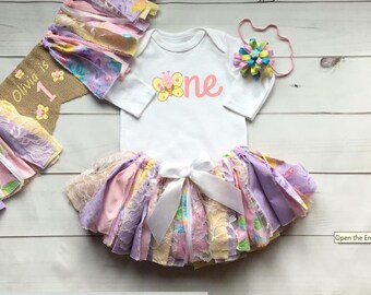 CLEARANCE- Butterfly Garden Fabric Tutu Skirt Outfit  Baby Outfit toddler birthday Outfit Tutu Skirt  for 1st birthday Headband Banners