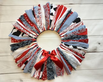 Cowgirl Farm Red & Blue Fabric Skirt Baby toddler Outfit Tutu Skirt  Fabric tutu birthday Rodeo outfit birthday w optional banner