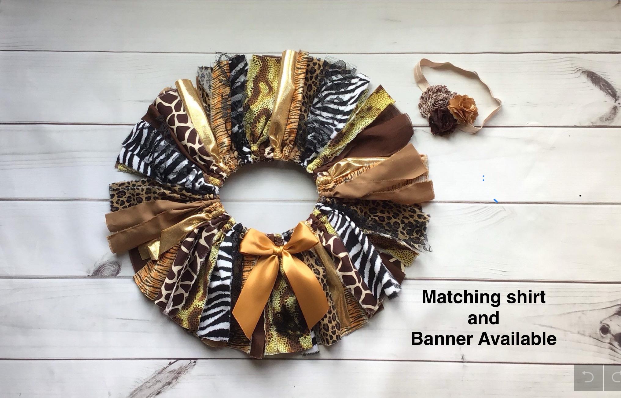 Wild One Safari Jungle Animal Print Leopard Tiger Fabric Skirt with Headband Baby toddler Outfit Tutu Skirt Fabric tutu shirt banner